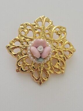 Vintage Victorian Look Gold Tone Pink Porcelain Rose Brooch Pin Floral Shape